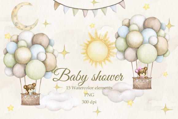Enchanting Baby Shower Set: Watercolor PNG Decor